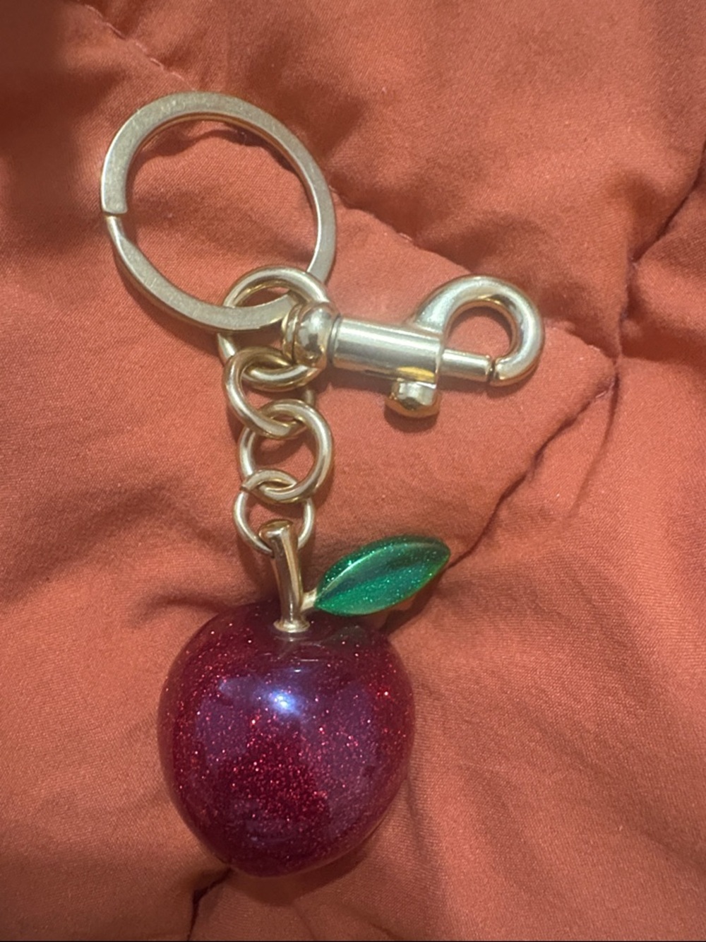 Glitter Red Apple Keychain with Green Leaf Charm Large w/large clasp
